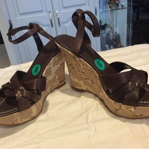 Brown Leather Wedge Sandals with Braided Espadrille Platform
